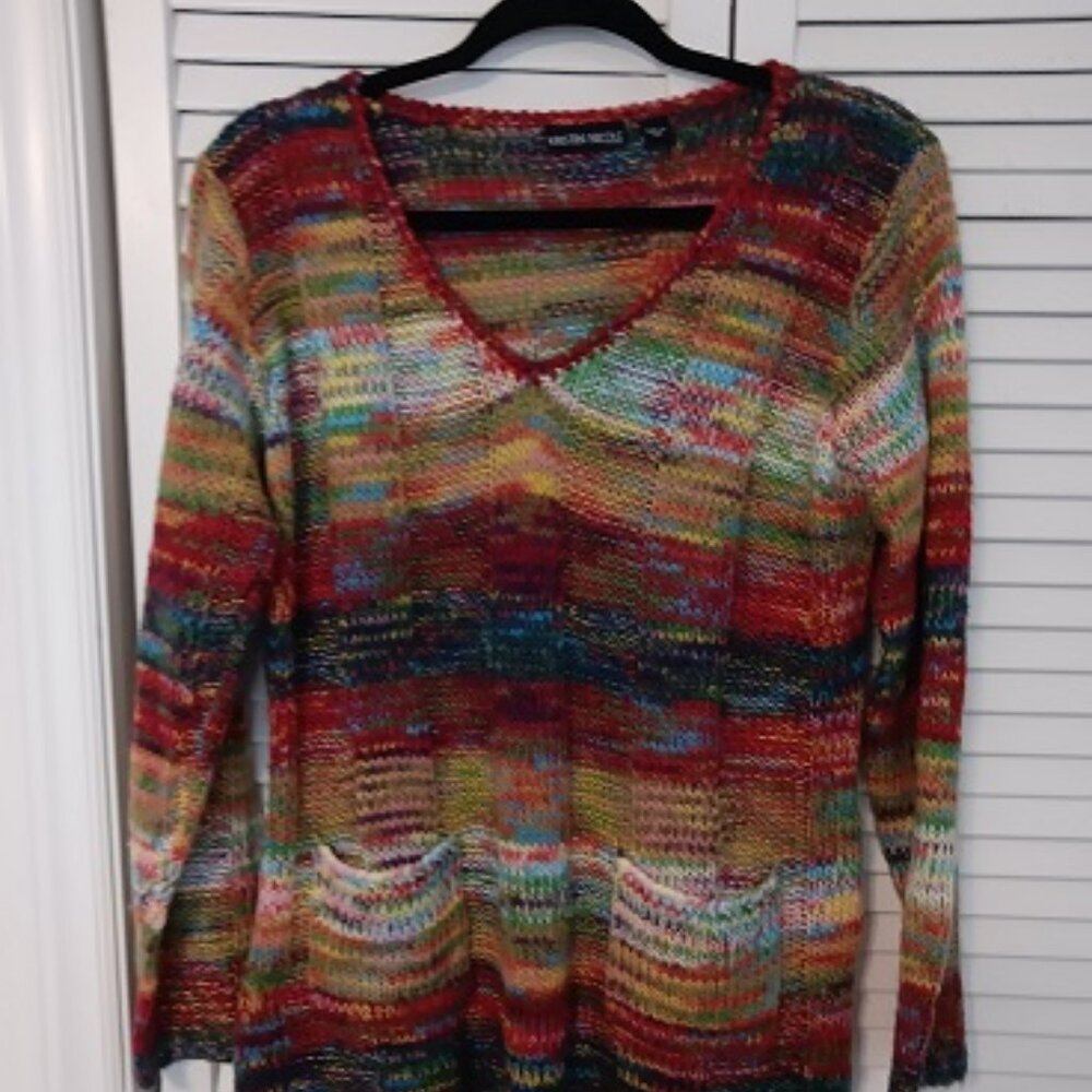 Multi-Color Striped Knit Sweater with Front Pockets, Size XL